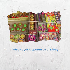 A broken wall revealing boxes of colorful Diwali sweets and firecrackers.