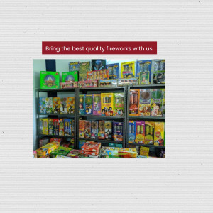 A store shelf filled with various types of fireworks boxes.