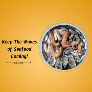 A vibrant promotional image featuring a seafood platter with shrimp, lobster, oysters, and clams.