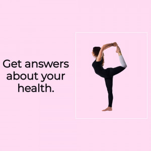 Woman performing a yoga pose against a pink background with text about health.