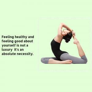 Woman performing a yoga pose on a light green background with text overlay.