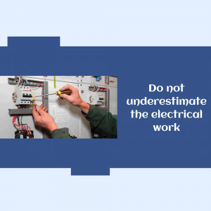 Electrician working on a circuit breaker panel with a warning message.