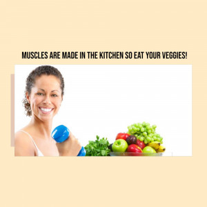 Woman lifting a dumbbell with fruits and vegetables in the background