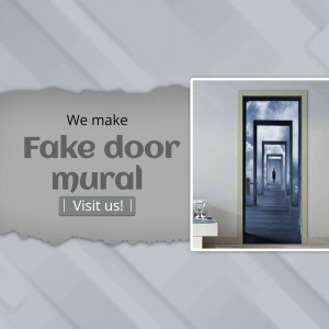 Advertisement for a fake door mural featuring a surreal doorway to the sky.