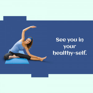 Woman doing a side stretch on a yoga mat with motivational text.