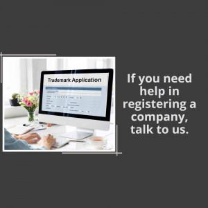 Laptop displaying a trademark application form with text offering help with company registration.