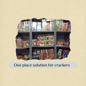 A wall with a hole revealing a shelf full of colorful firecrackers.