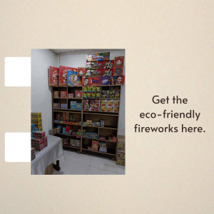 A store shelf stocked with various eco-friendly firework boxes.