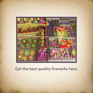 A colorful display of various fireworks for sale in a shop during Diwali.