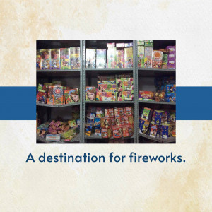Shelves filled with various colorful firework boxes in a store.