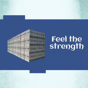 Stacked concrete blocks with text 'Feel the strength'