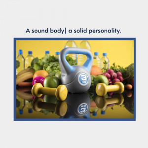 Kettlebell and dumbbells surrounded by fresh fruits and vegetables