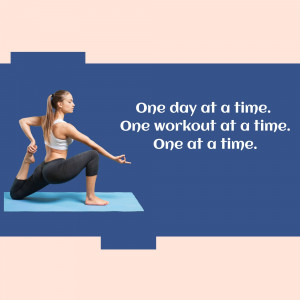 Woman doing yoga on a mat with motivational text.