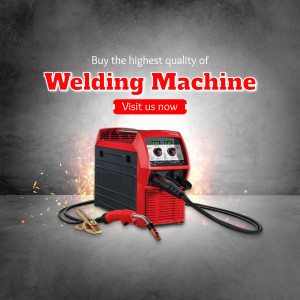 Red welding machine with sparks and tools