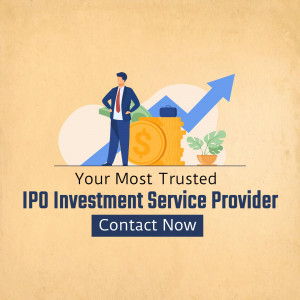 Man standing on stacks of coins with a growth chart, promoting IPO investment services.