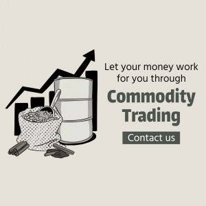 Illustration of commodity trading with a rising graph, oil barrel, and sacks of goods.