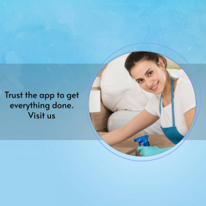 Woman cleaning with spray bottle and cloth, promoting a cleaning app.