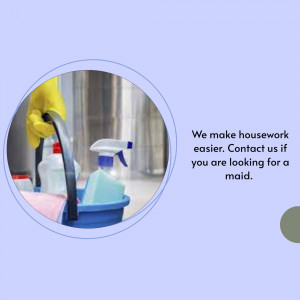 Cleaning supplies in a blue bucket with a yellow glove, promoting house cleaning services.