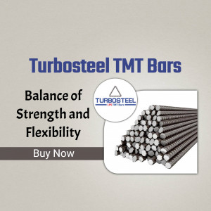 Image of Turbosteel TMT bars with logo and text highlighting strength and flexibility.