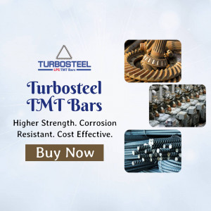 Turbosteel TMT Bars advertisement showcasing strength, corrosion resistance, and cost-effectiveness.
