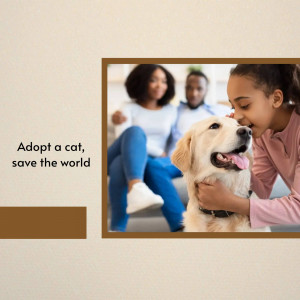 A family with a dog and a cat, promoting pet adoption.