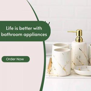 Bathroom accessories set in white and gold