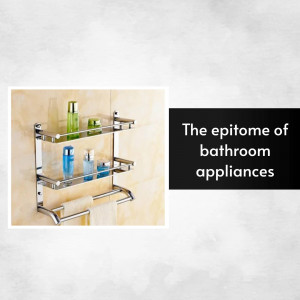 Two-tier stainless steel bathroom shelf with toiletries and towel rack