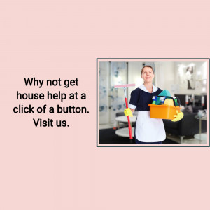 A smiling cleaning lady holding cleaning supplies and a mop, with text promoting house cleaning services.