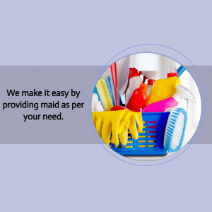 Cleaning supplies in a basket with text promoting maid services