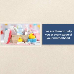 Baby bath products including shampoo, soap, and rubber ducks in a basket.