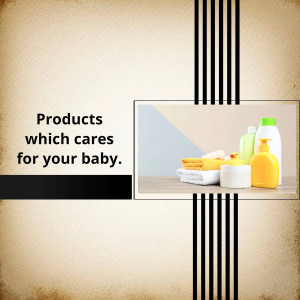 Baby care products including soap, lotion, and towels on a wooden surface.