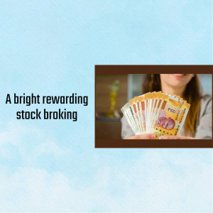 Woman holding Indian Rupees with a blurred background of a trophy and stock market graph.