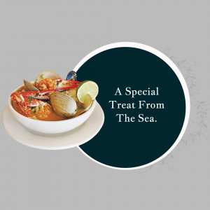 Bowl of seafood paella with text overlay