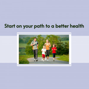 A family running together on a path, promoting a healthy lifestyle.