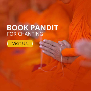 Buddhist monk with hands in prayer position and text promoting chanting services.