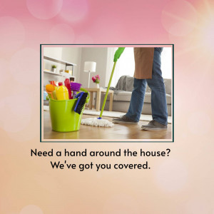 Person cleaning a house with various cleaning supplies