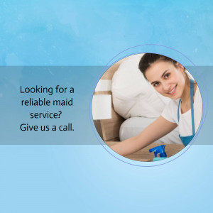 Woman with cleaning supplies promoting a maid service