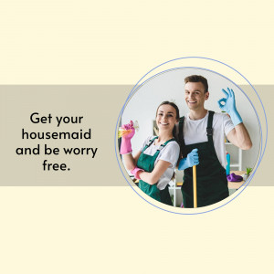 Smiling couple in cleaning uniforms holding cleaning supplies