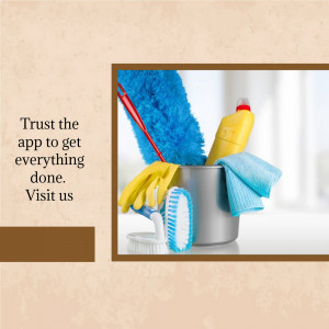 Cleaning supplies in a bucket with text promoting a cleaning app