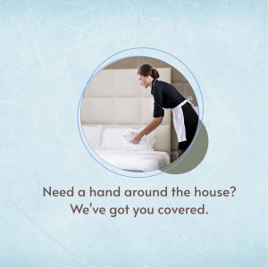 Woman making a bed in a bedroom, advertising house cleaning services.