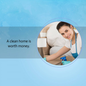 Woman cleaning a room with spray bottle and cloth