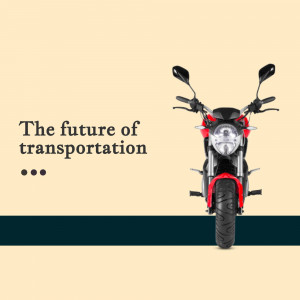 Front view of a black and red electric motorcycle against a beige and teal background with text 'The future of transportation'