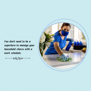 Woman wearing a mask and gloves cleaning a kitchen counter with spray and cloth.