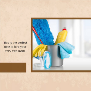 Close-up of cleaning supplies in a bucket with yellow gloves and text promoting maid services.