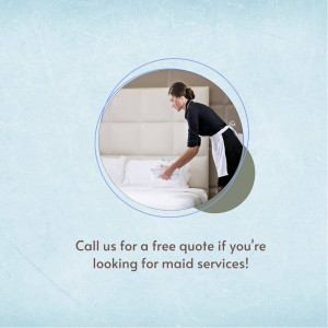 Woman making a bed in a hotel room with text promoting maid services.