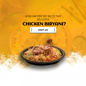 Close-up of a delicious Chicken Biryani dish with a call to action.