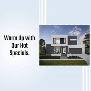 Modern house with promotional text 'Warm Up with Our Hot Specials'
