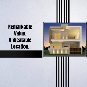 Image of a modern house with text overlay promoting its value and location.