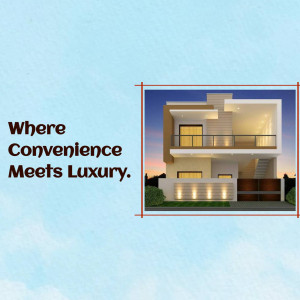 Exterior view of a modern two-story house with text overlay