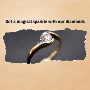 Close-up of a gold ring with a sparkling diamond, displayed with a torn paper effect.